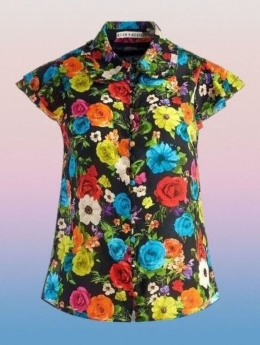 Alice + Olivia Black Floral Silk Button-Front Cap-Sleeve Top - Large